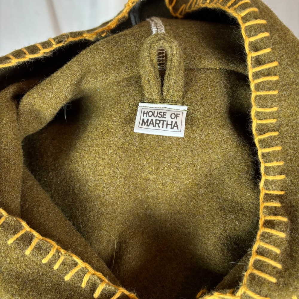 Handcrafted Olive Green Wool Hooded Cropped Bog Jacket with Yellow Stitching | L - Picture 6 of 16